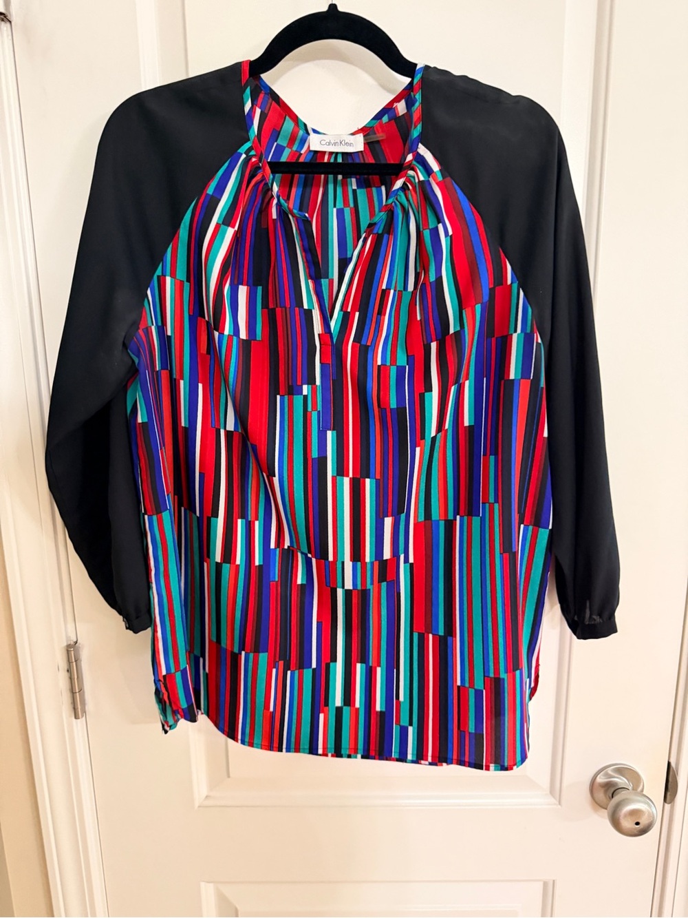 Calvin Klein Women’s Multicolor Striped Blouse with Black Sleeves